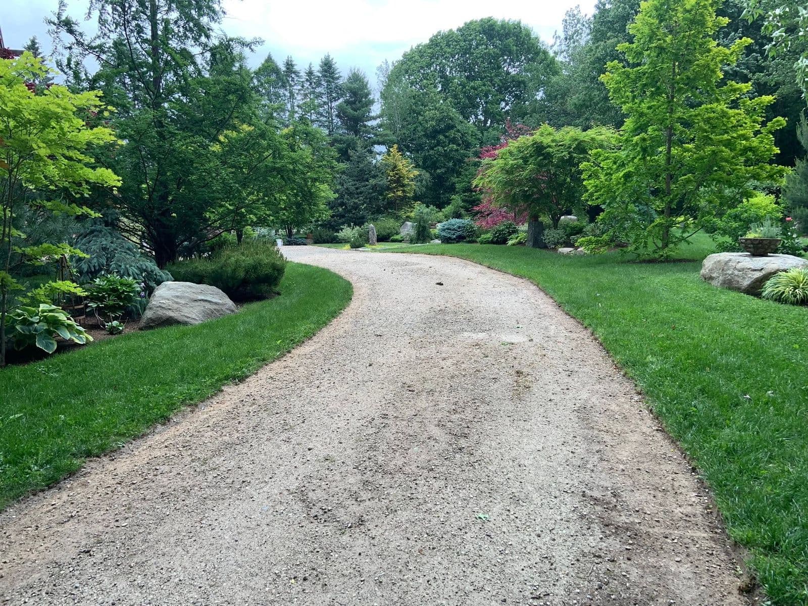 Curved gravel path through a landscaped yard with boulders and Japanese maples