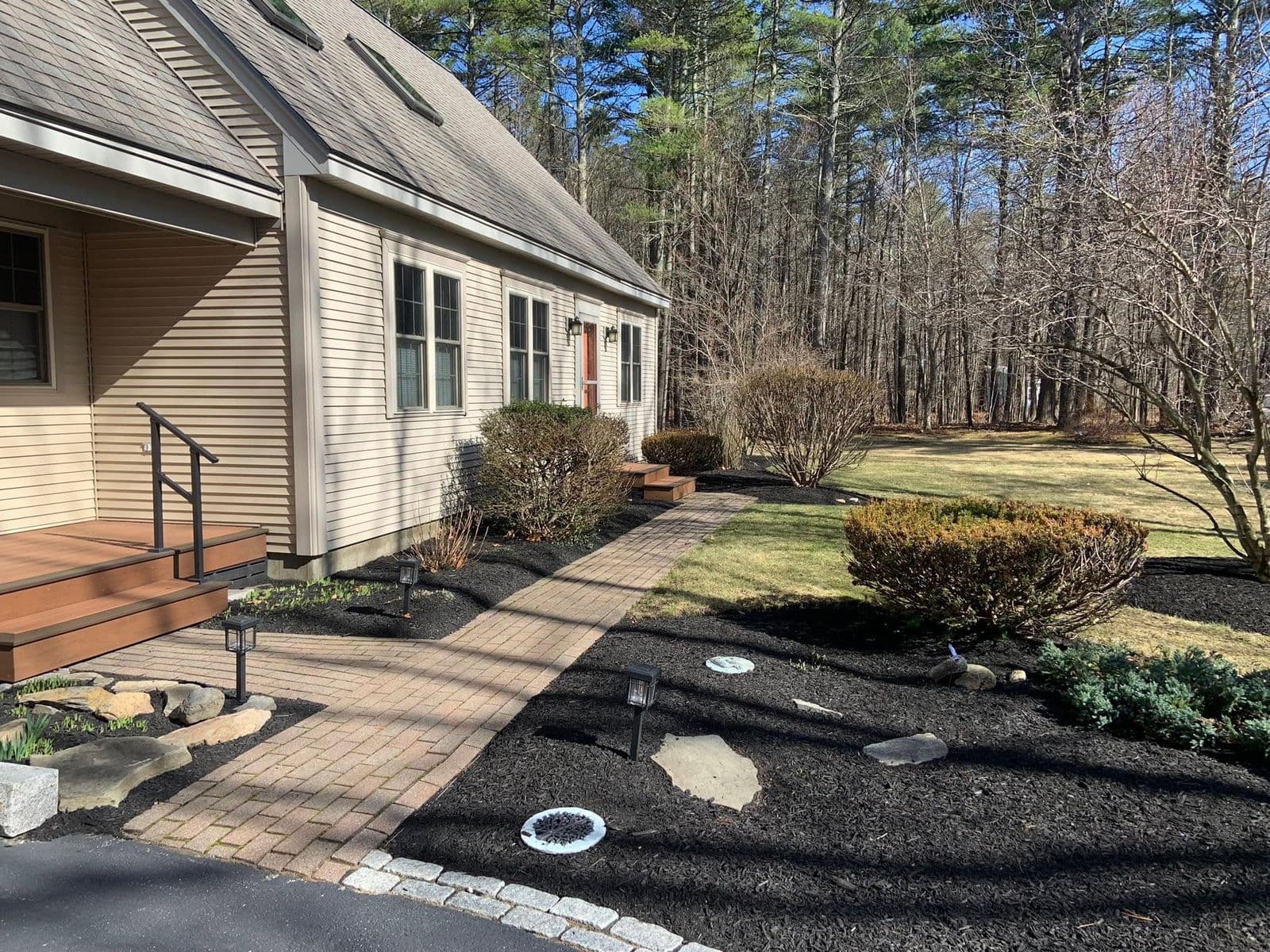 Brick paver walkway edging fresh black mulch beds with shrubs beside a tan house